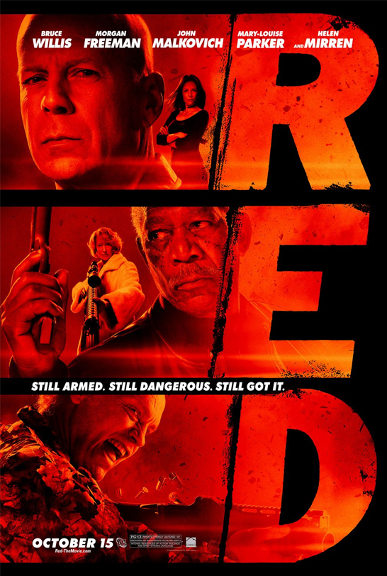 Red starring Bruce Willis, Mary-Loise Parker, John Malkovich, Morgan Freeman, Helen Mirren & Karl Urban