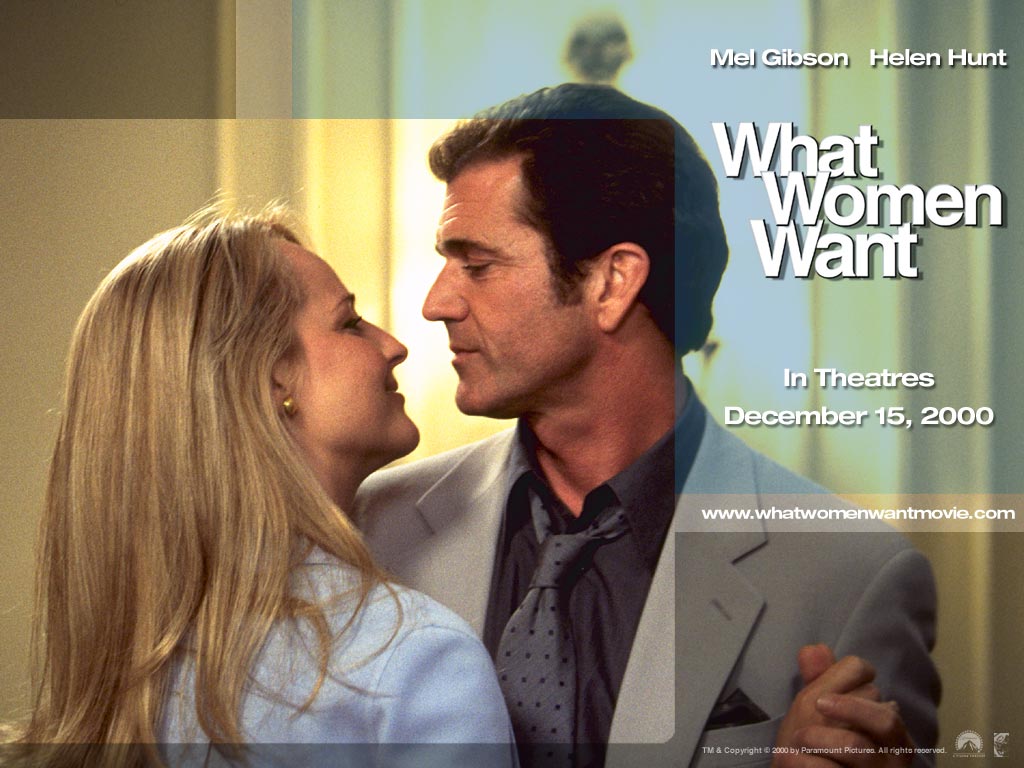 Mel Gibson and Helen Hunt in What Women Want. Co-starring Marisa Tomei. Cameo by Bette Midler.